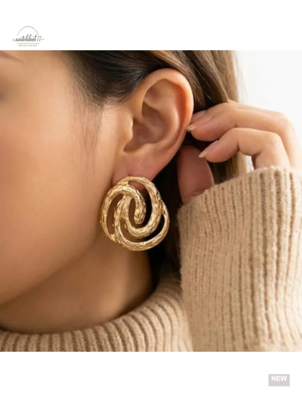 Chunky Gold Hammered Abstract Swirl Knot Post Back Dangle Earrings